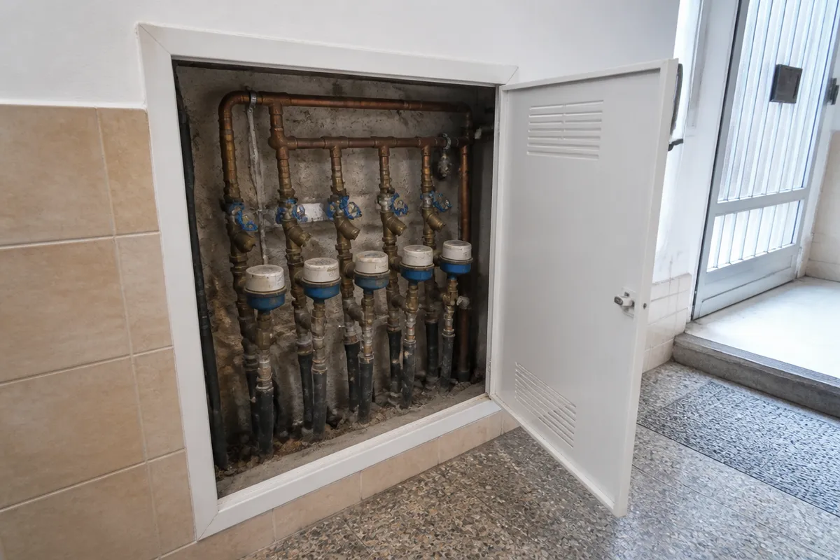 Contador y llaves de agua en un armario comunitario de Murcia para un boletín