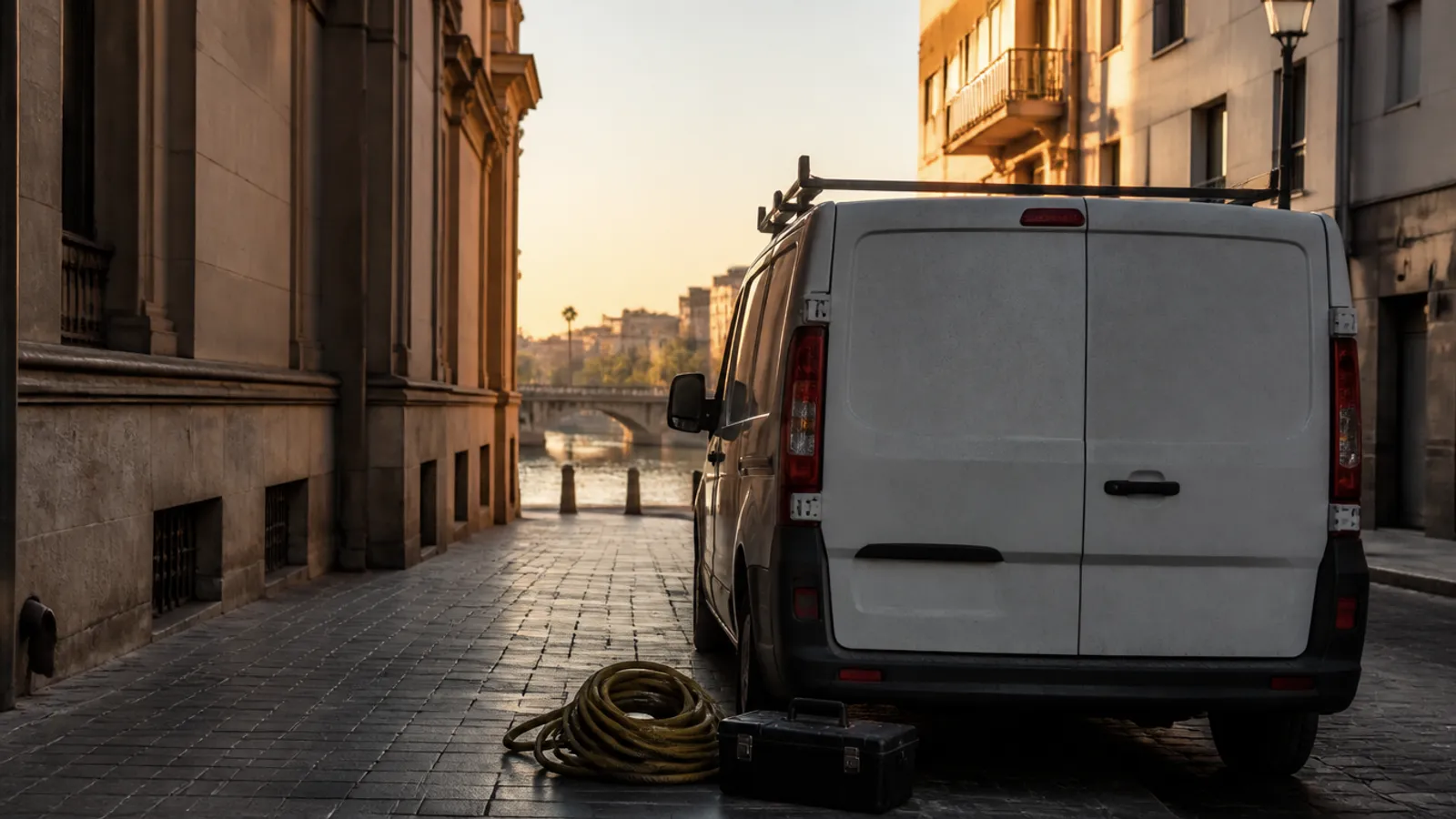 Calle de Murcia al atardecer con material de fontanería junto a un vehículo de servicio