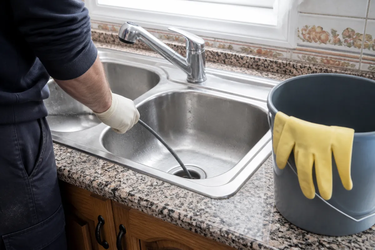 Desatasco de tubería de cocina en una vivienda de Murcia con cable flexible