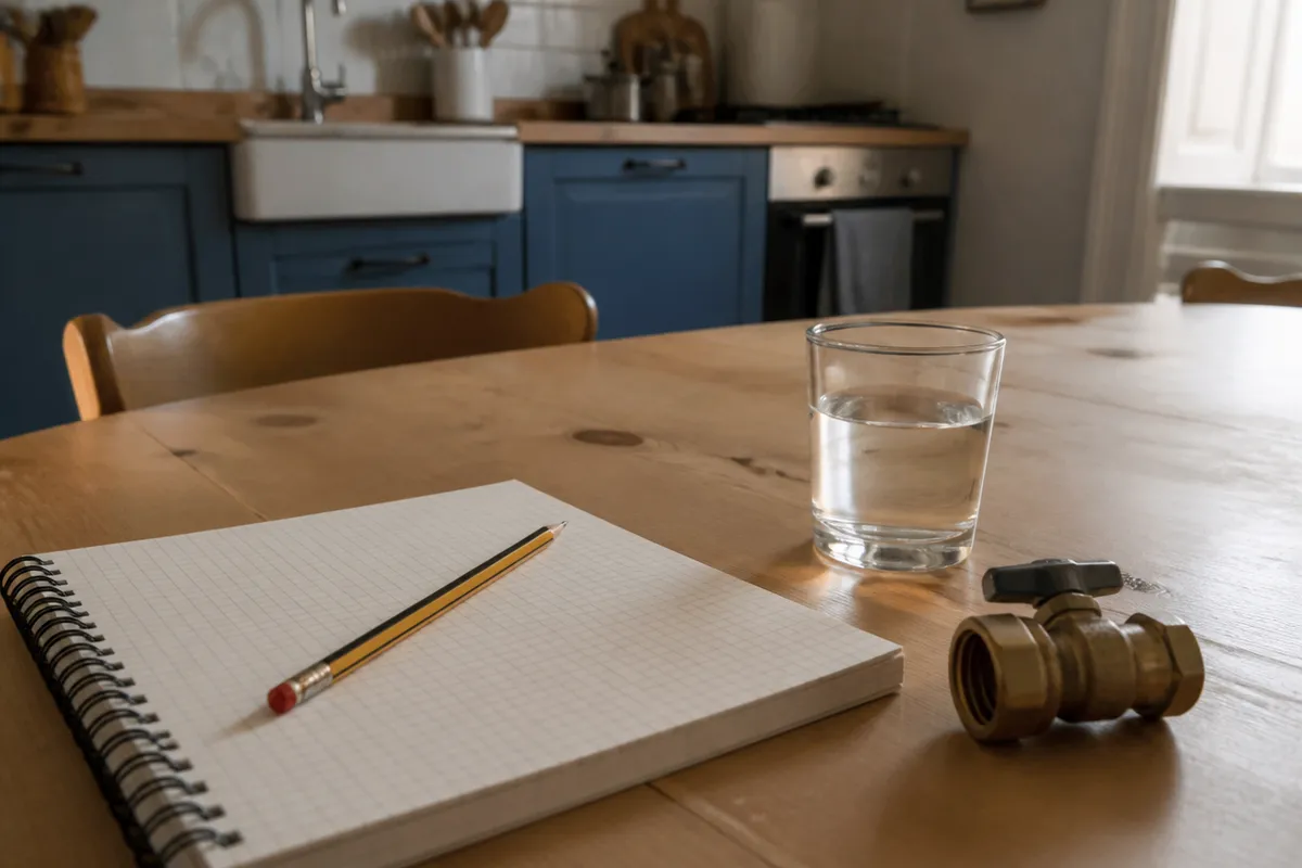 Cuaderno y válvula de fontanería sobre una mesa de cocina en Murcia