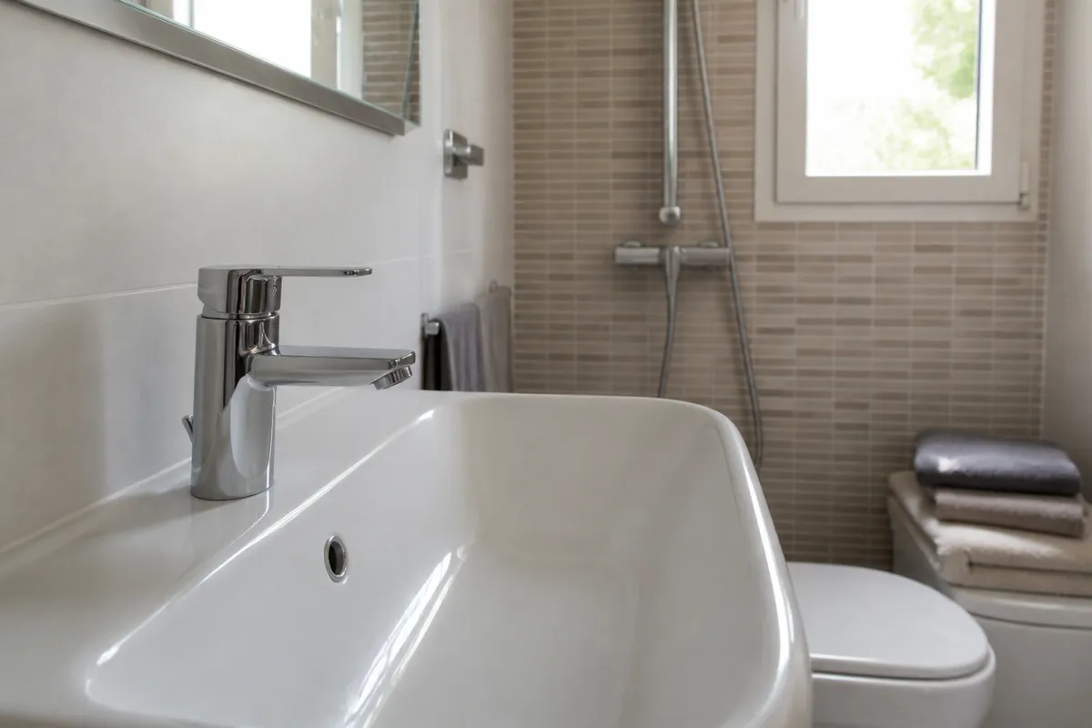 Grifo y lavabo recién instalados en un baño de Murcia