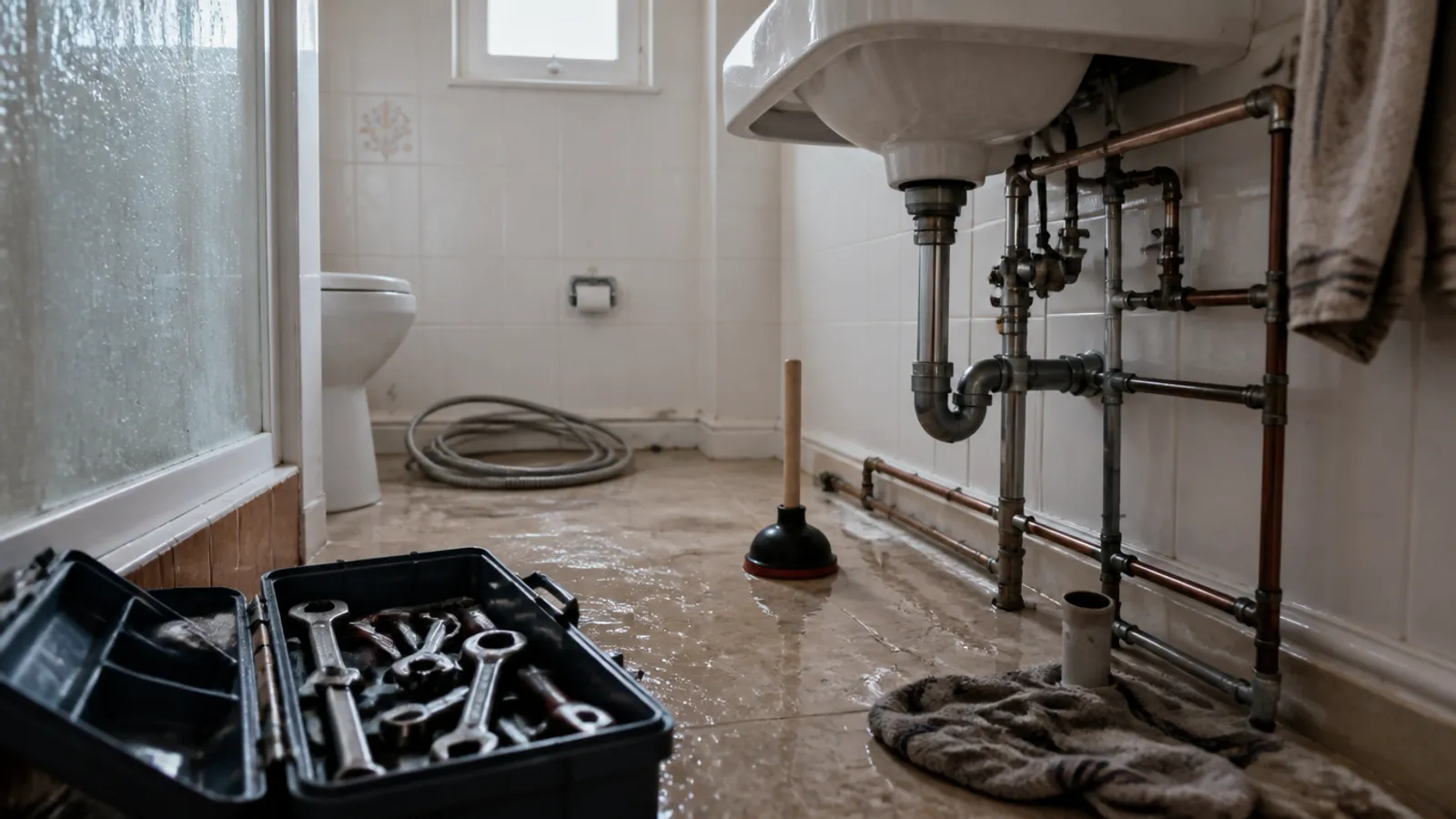 Caja de herramientas y tuberías en un baño de Murcia durante una reparación urgente de fontanería