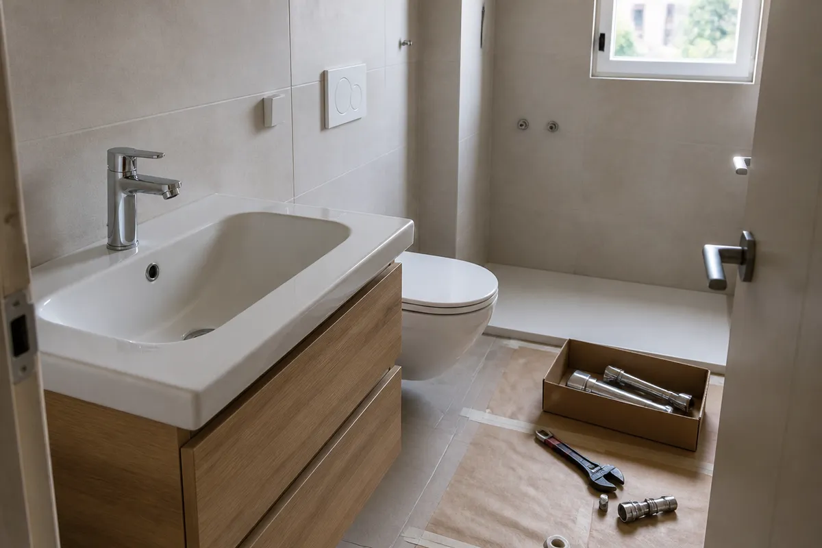 Grifería monomando y sanitarios nuevos en la reforma de un baño en Murcia, con lavabo sobre mueble e inodoro suspendido
