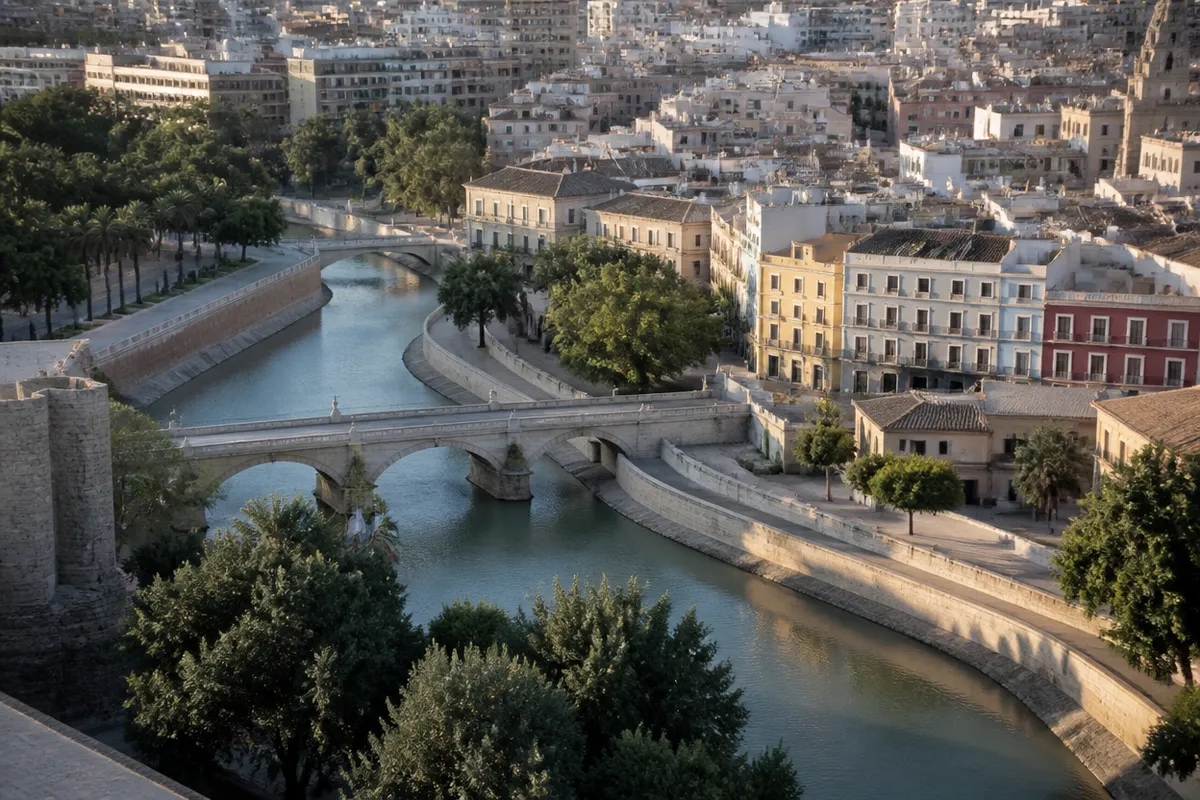 Río Segura y edificios de Murcia, área de cobertura del fontanero